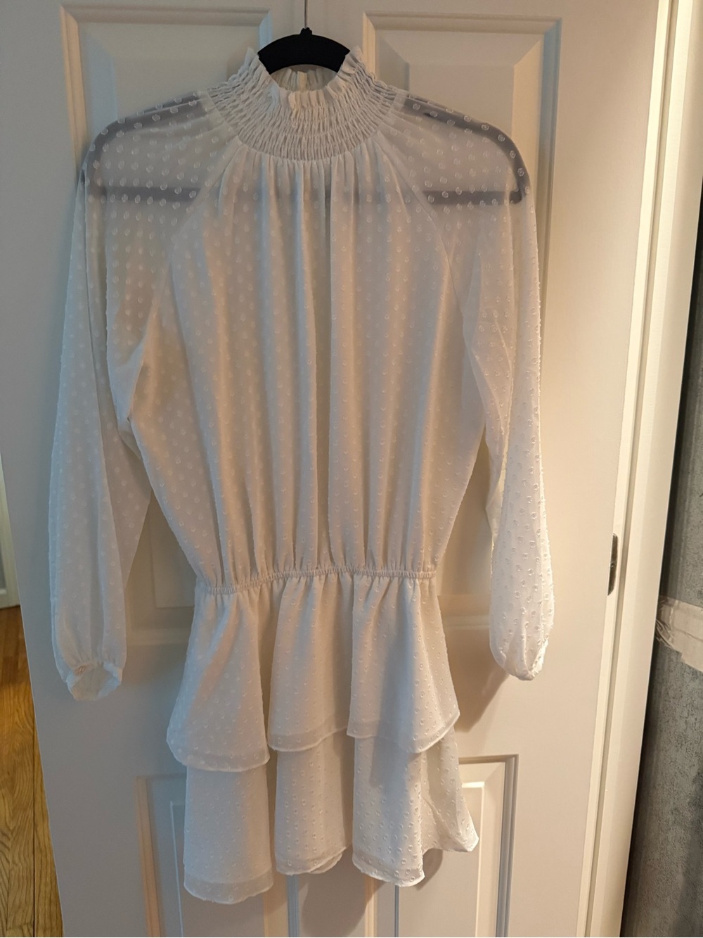 Yumi Kim White Swiss Dot Ruffle Tiered Long Sleeve Dress